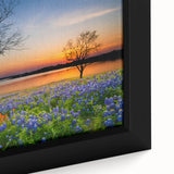 Close-up of a framed canvas featuring a vibrant bluebonnet design, showcasing intricate botanical details and rich colors, perfect for home decor enthusiasts.