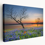 Stretched canvas wall art featuring a vibrant bluebonnet botanical design in a side view, showcasing intricate floral details and rich colors, perfect for home decor.