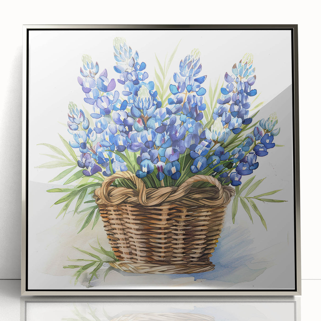 Framed wall art showcasing a vibrant bluebonnet botanical design, featuring intricate floral details and a sleek silver frame, perfect for home decor.