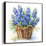 Framed wall art showcasing a botanical bluebonnet design on canvas, featuring a black frame and side view, perfect for enhancing home décor with nature-inspired aesthetics.
