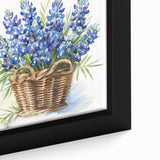 Close-up of a framed canvas wall art piece showcasing vibrant bluebonnet flowers with intricate botanical details, perfect for home décor and nature enthusiasts.