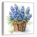 Framed wall art featuring a botanical bluebonnet design on a canvas, showcasing vibrant colors and intricate floral details against a white background. Ideal for enhancing home decor with a nature-inspired aesthetic.