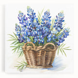 Stretched canvas wall art showcasing a vibrant bluebonnet botanical design, featuring rich colors and intricate details, perfect for home decor or nature lovers.