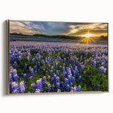 Framed canvas wall art showcasing a vibrant bluebonnet botanical design with a gold frame, ideal for adding a touch of elegance to home decor.