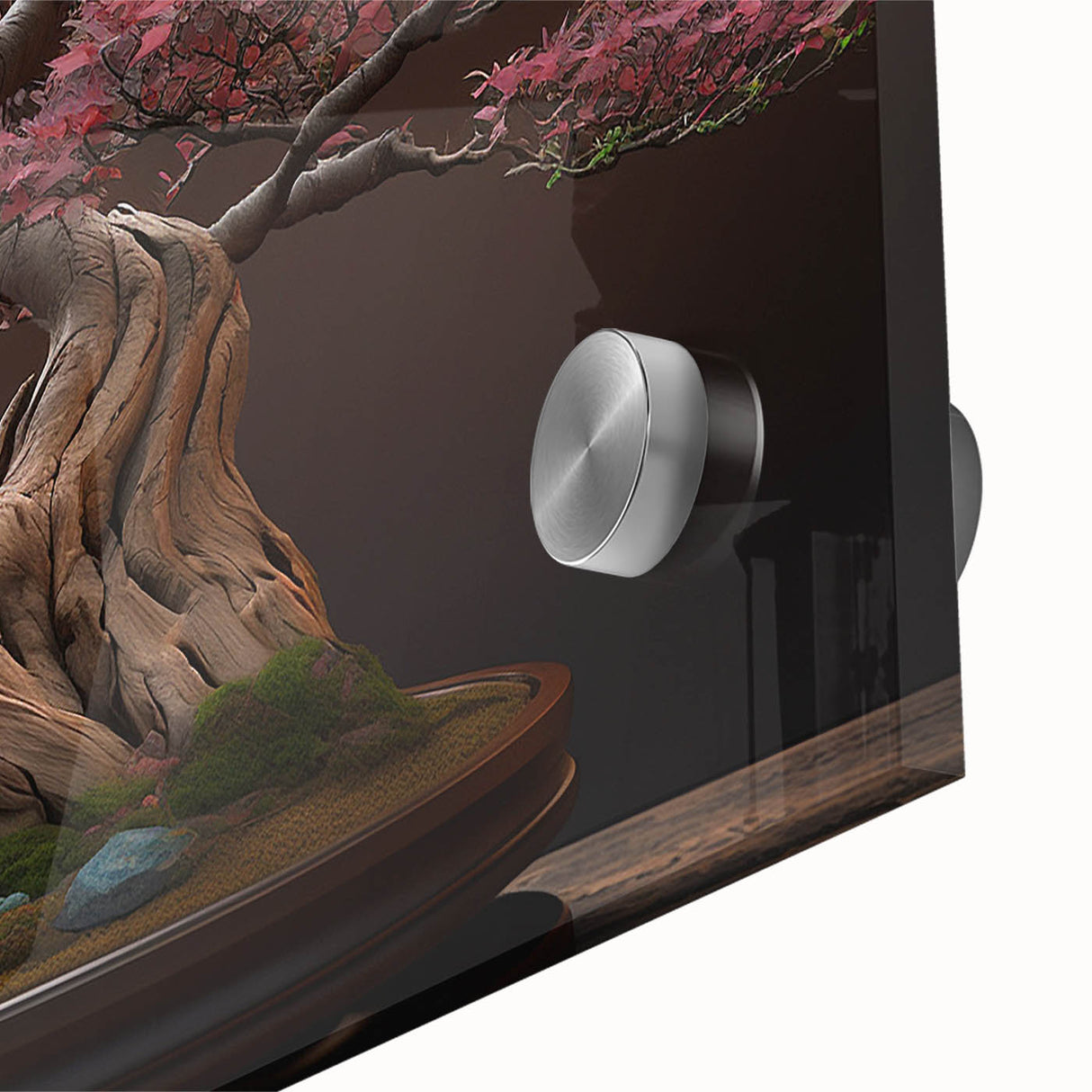 Close-up of a botanical bonsai tree wall art design printed on acrylic glass, showcasing intricate floral details and vibrant colors, perfect for home decor.