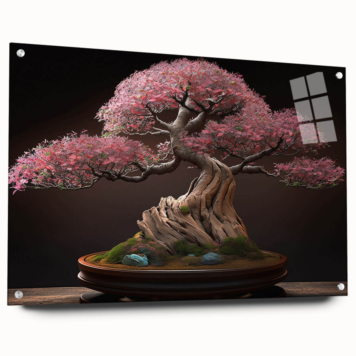 Botanical bonsai tree wall art design displayed in acrylic glass, showcasing intricate flower patterns and vibrant colors, perfect for home decor.