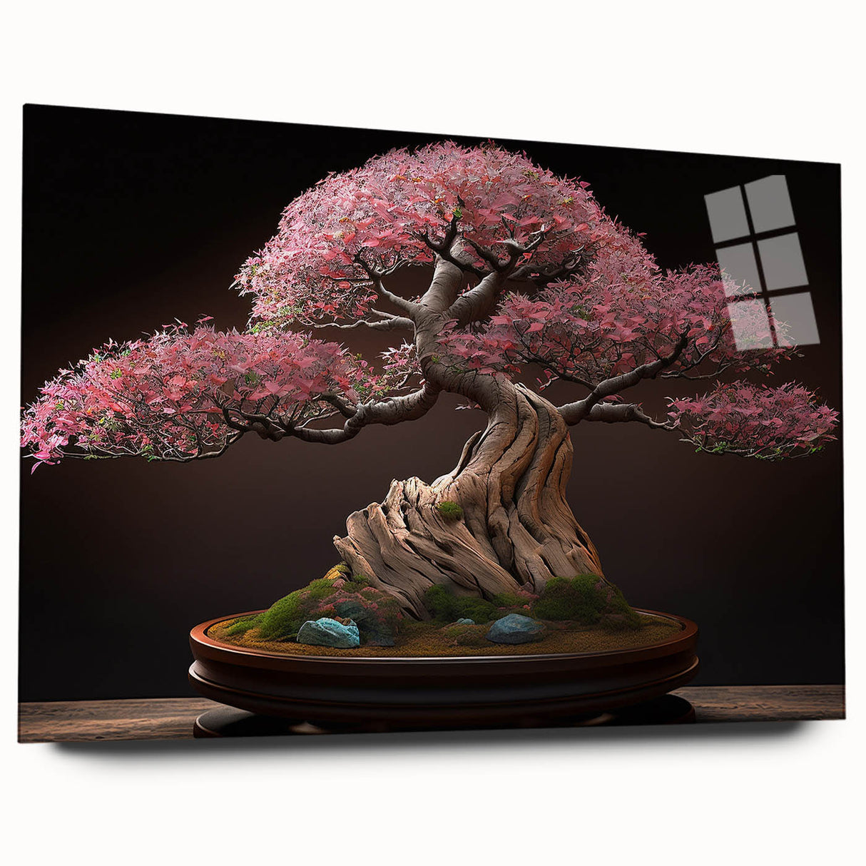 Botanical bonsai tree wall art design on acrylic glass, showcasing vibrant colors and intricate details, perfect for home decor enthusiasts seeking nature-inspired aesthetics.