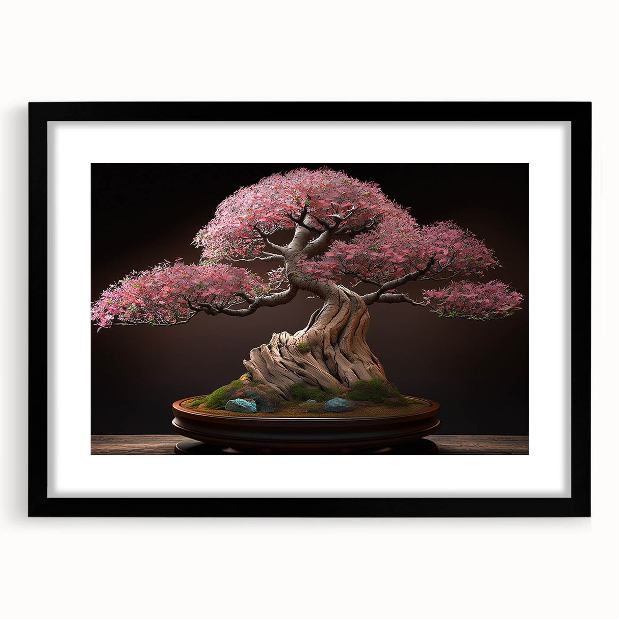 Botanical bonsai tree wall art featuring vibrant floral designs in a sleek black frame with matting, ideal for modern home decor and nature enthusiasts.
