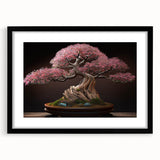 Botanical bonsai tree wall art featuring vibrant floral designs in a sleek black frame with matting, ideal for modern home decor and nature enthusiasts.