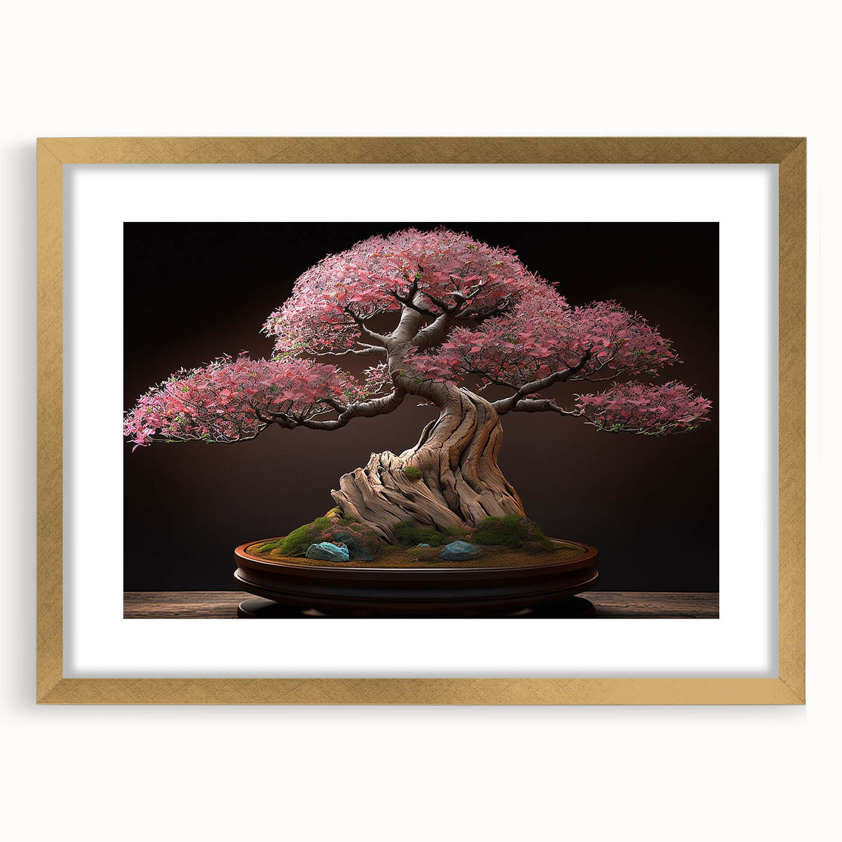Botanical wall art featuring a detailed bonsai tree design in a gold frame with a mat, showcasing intricate floral patterns against a cream background. Ideal for home decor enthusiasts seeking nature-inspired aesthetics.
