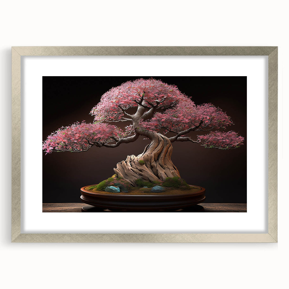 Botanical bonsai tree wall art design featuring vibrant flowers and intricate details, framed in a sleek silver frame with a mat, ideal for home decor.