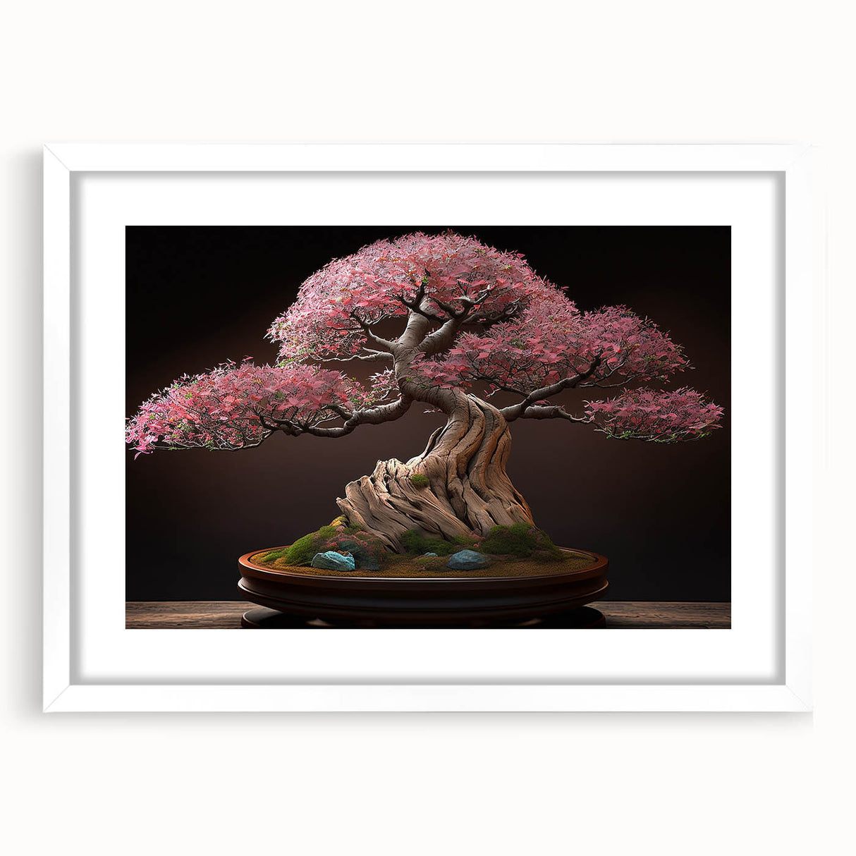 Botanical bonsai tree wall art design framed with a white mat, showcasing intricate flower details and vibrant colors, perfect for home decor.