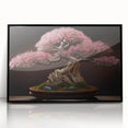Framed wall art showcasing a botanical bonsai tree design with vibrant flowers, set against a sleek black background, perfect for home decor enthusiasts.