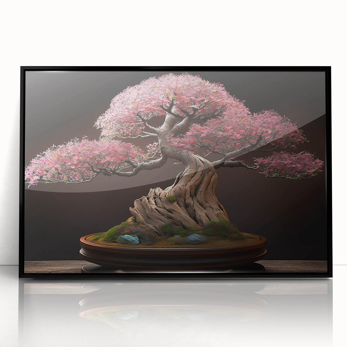 Framed wall art showcasing a botanical bonsai tree design with vibrant flowers, set against a sleek black background, perfect for home decor enthusiasts.