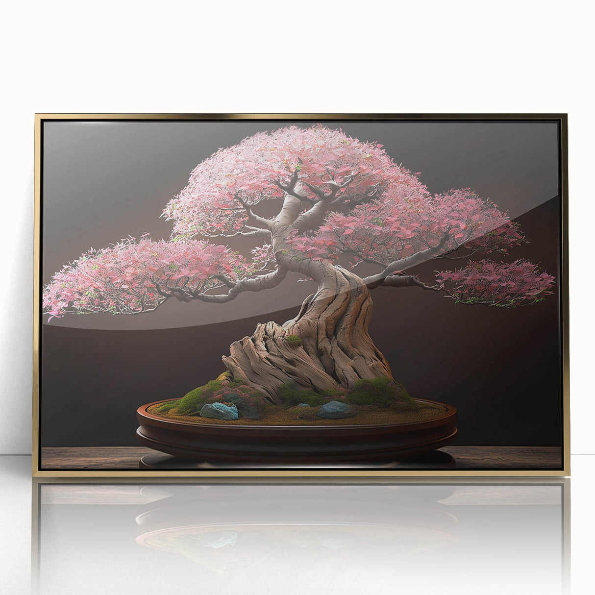 Framed wall art showcasing a botanical bonsai tree design with vibrant flowers, featuring a sleek gold frame that enhances the artwork’s elegance and charm.