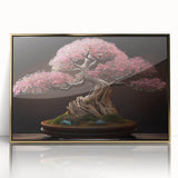 Framed wall art showcasing a botanical bonsai tree design with vibrant flowers, featuring a sleek gold frame that enhances the artwork’s elegance and charm.