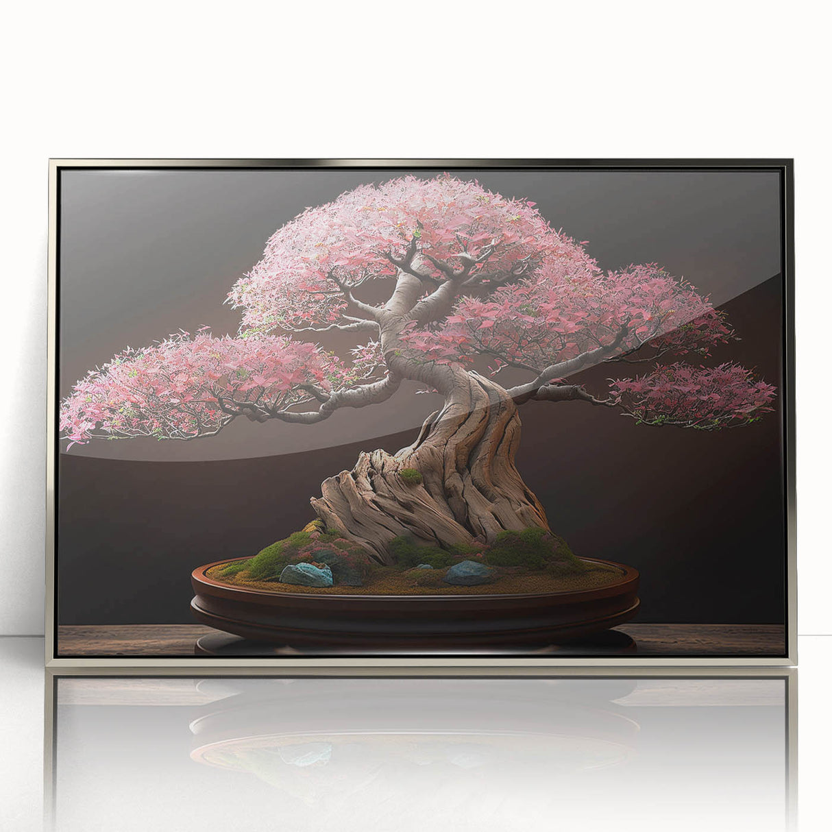 Framed botanical wall art featuring a bonsai tree design in vibrant colors, displayed in a silver acrylic frame, perfect for modern home decor.