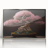 Framed botanical wall art featuring a bonsai tree design in vibrant colors, displayed in a silver acrylic frame, perfect for modern home decor.