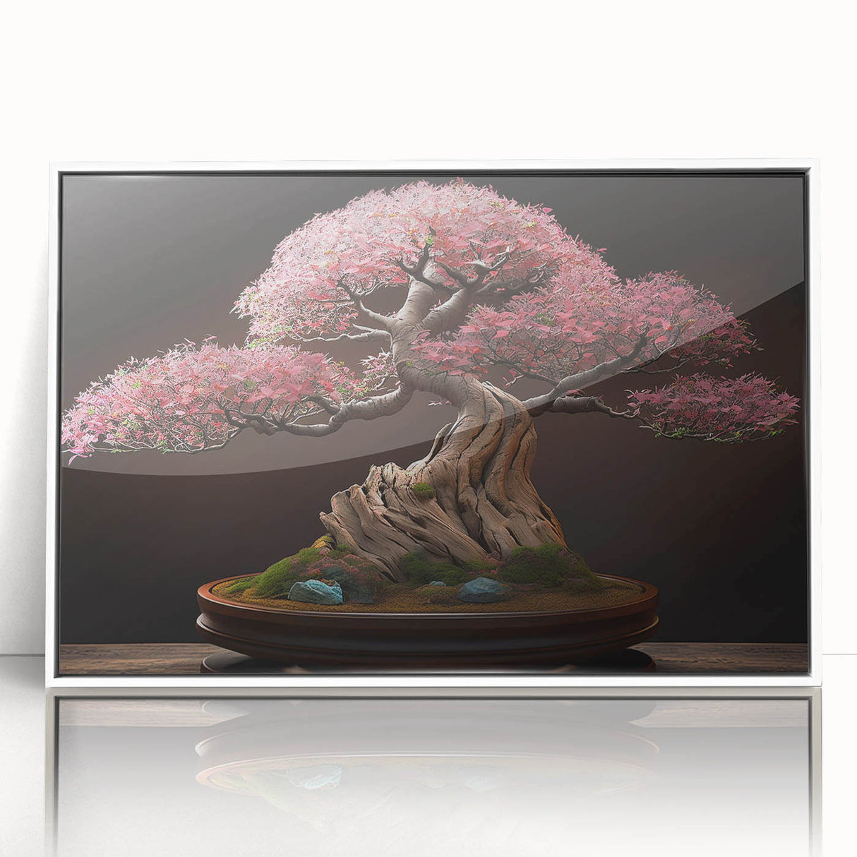 Framed acrylic wall art featuring a botanical bonsai tree design, showcasing intricate floral details with a white background, perfect for home decor.