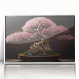 Framed acrylic wall art featuring a botanical bonsai tree design, showcasing intricate floral details with a white background, perfect for home decor.