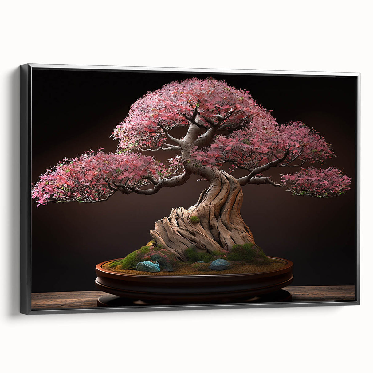 Framed wall art featuring a botanical bonsai tree design, showcasing vibrant colors and intricate details on a black background, ideal for modern decor.