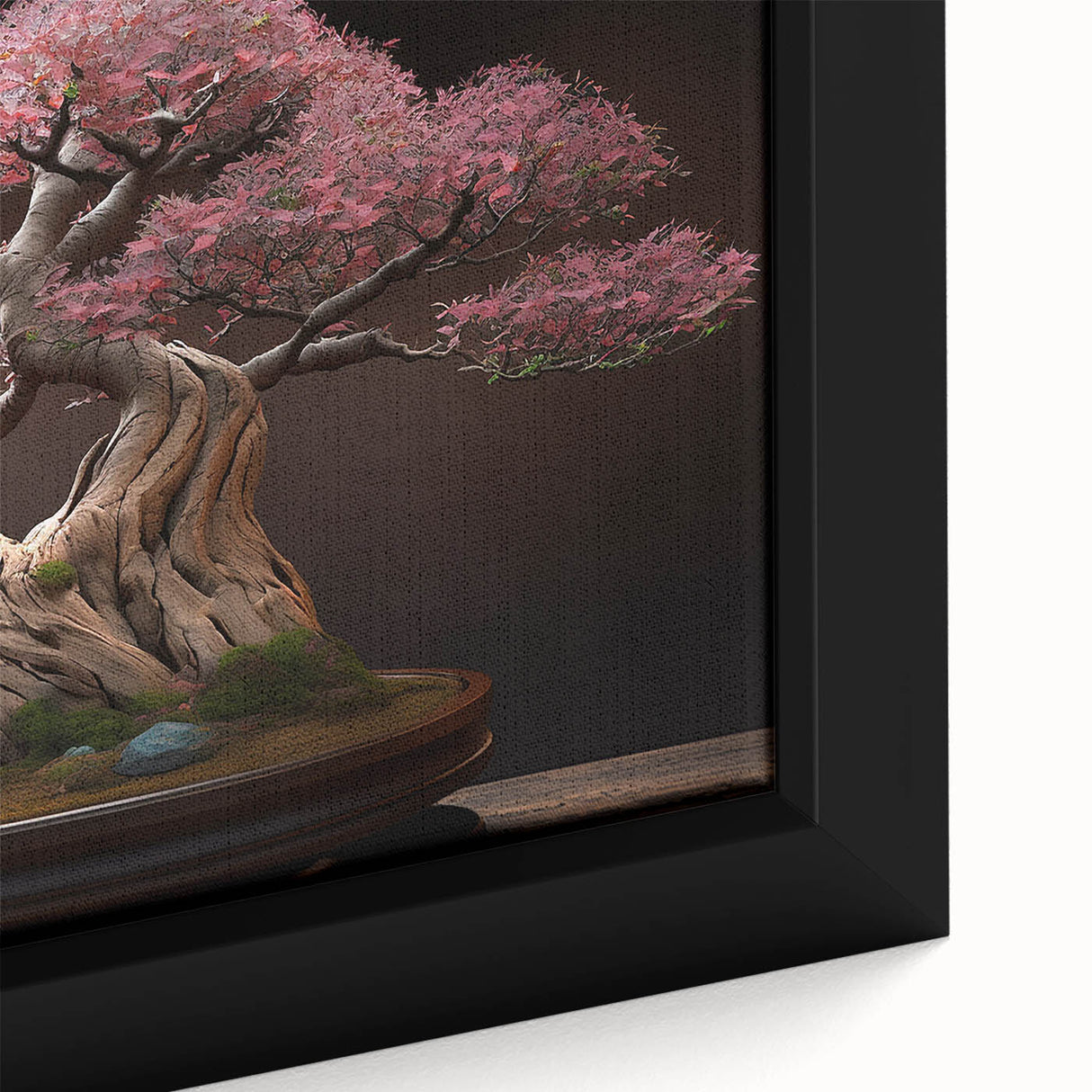 Close-up of a beautifully framed botanical bonsai tree wall art design featuring vibrant colors and intricate details, ideal for home decor enthusiasts.