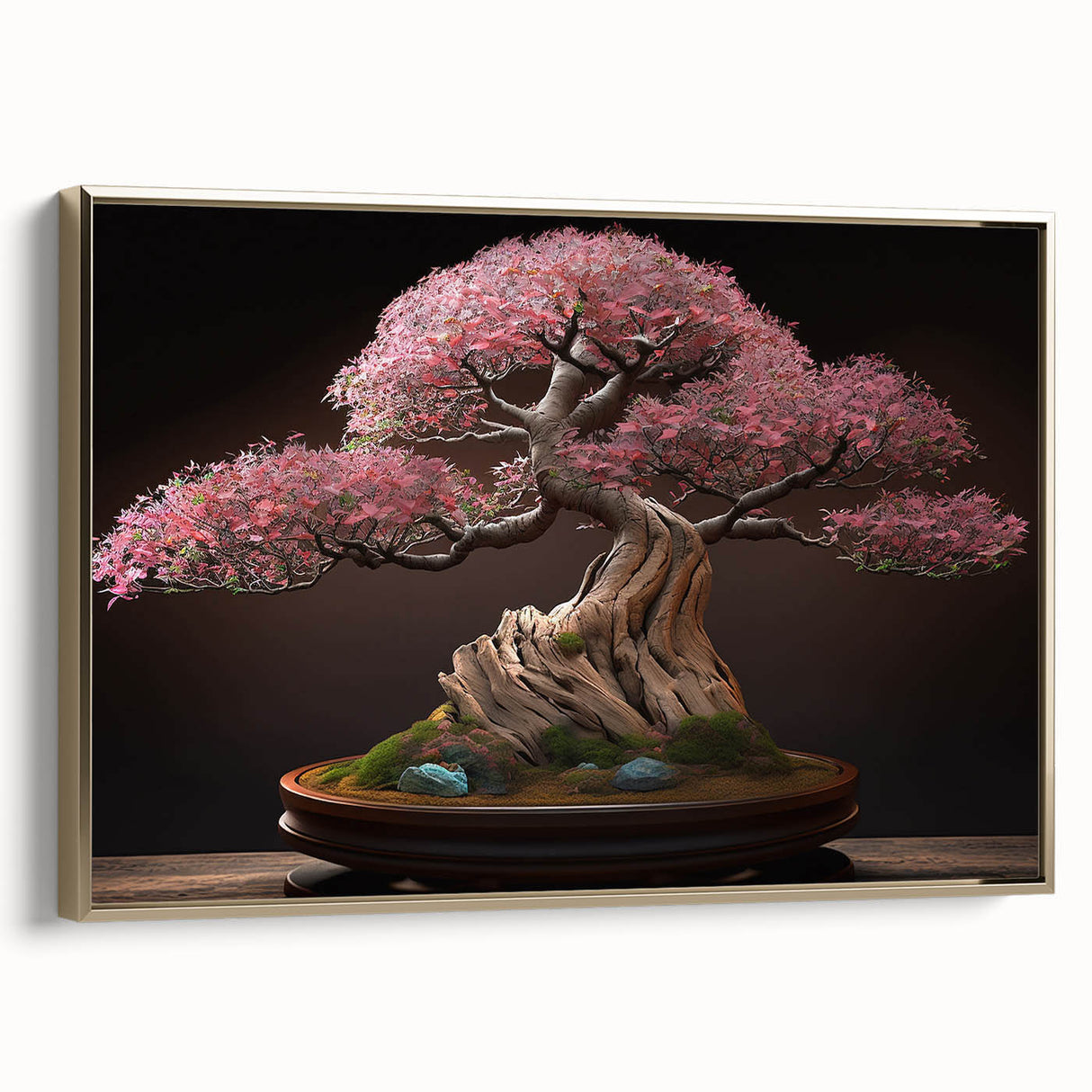 Framed canvas wall art featuring a botanical bonsai tree design in gold tones, showcasing intricate details and elegant aesthetics, perfect for modern decor.