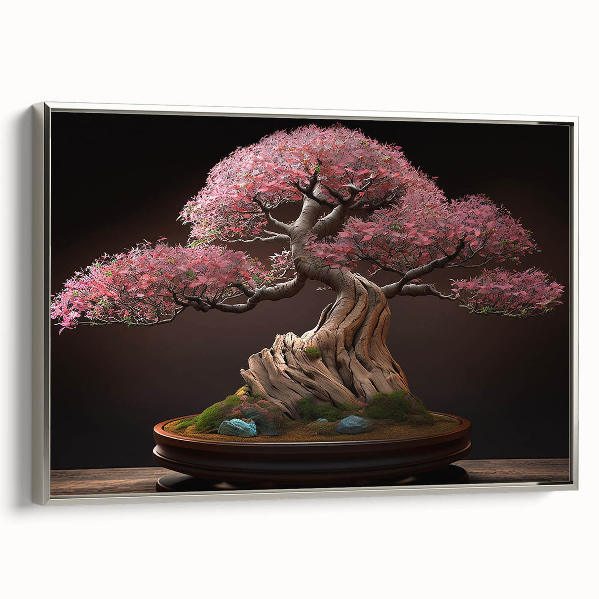 Framed wall art showcasing a botanical bonsai tree design with silver accents, perfect for home decor, adding a touch of nature-inspired elegance to any room.