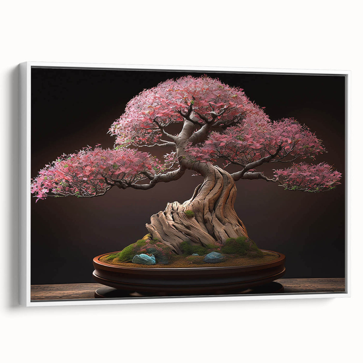 Framed wall art featuring a botanical bonsai tree design on canvas, showcasing intricate floral details with a white background, ideal for home decor accents.