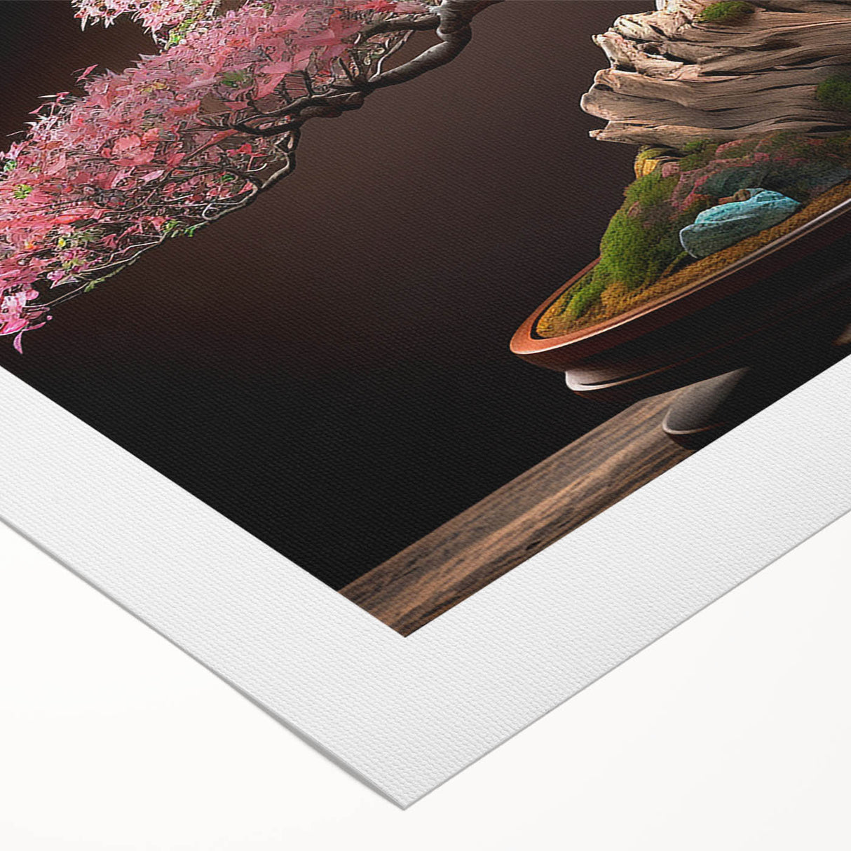 Botanical bonsai tree wall art on rolled canvas, showcasing intricate floral designs in vibrant colors, ideal for home decor and nature enthusiasts.