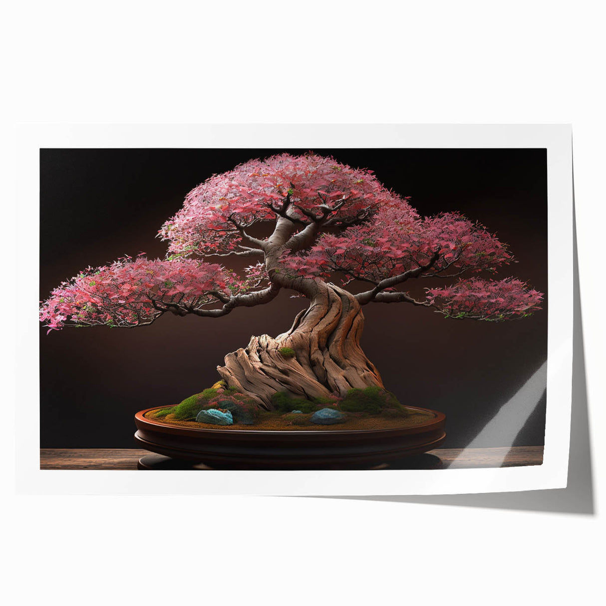 Botanical bonsai tree wall art print showcasing intricate floral designs in vibrant colors, rolled for easy shipping and display in any home decor setting.
