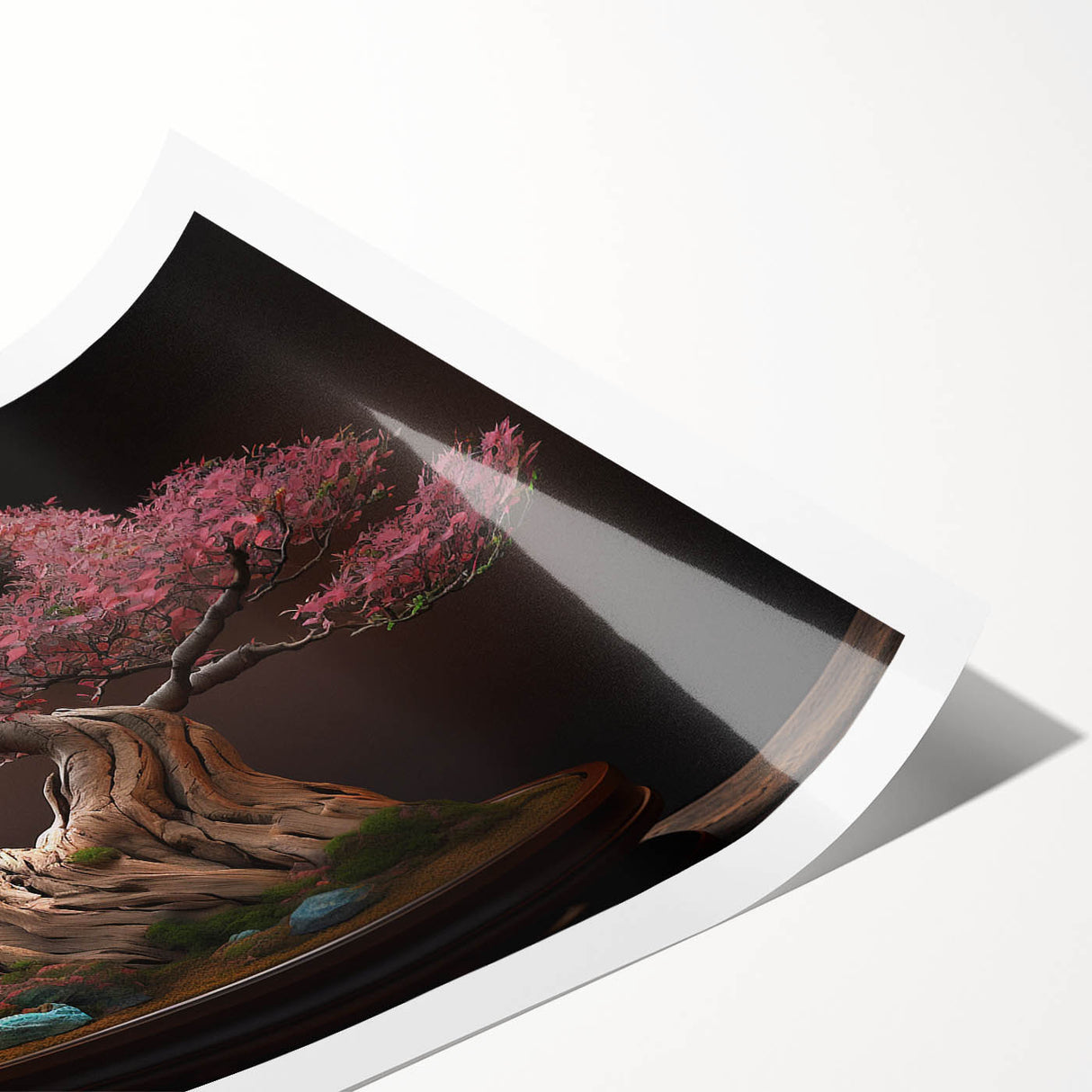 Botanical bonsai tree wall art print showcasing intricate flower designs in vibrant colors, elegantly rolled for easy framing and display in home decor.