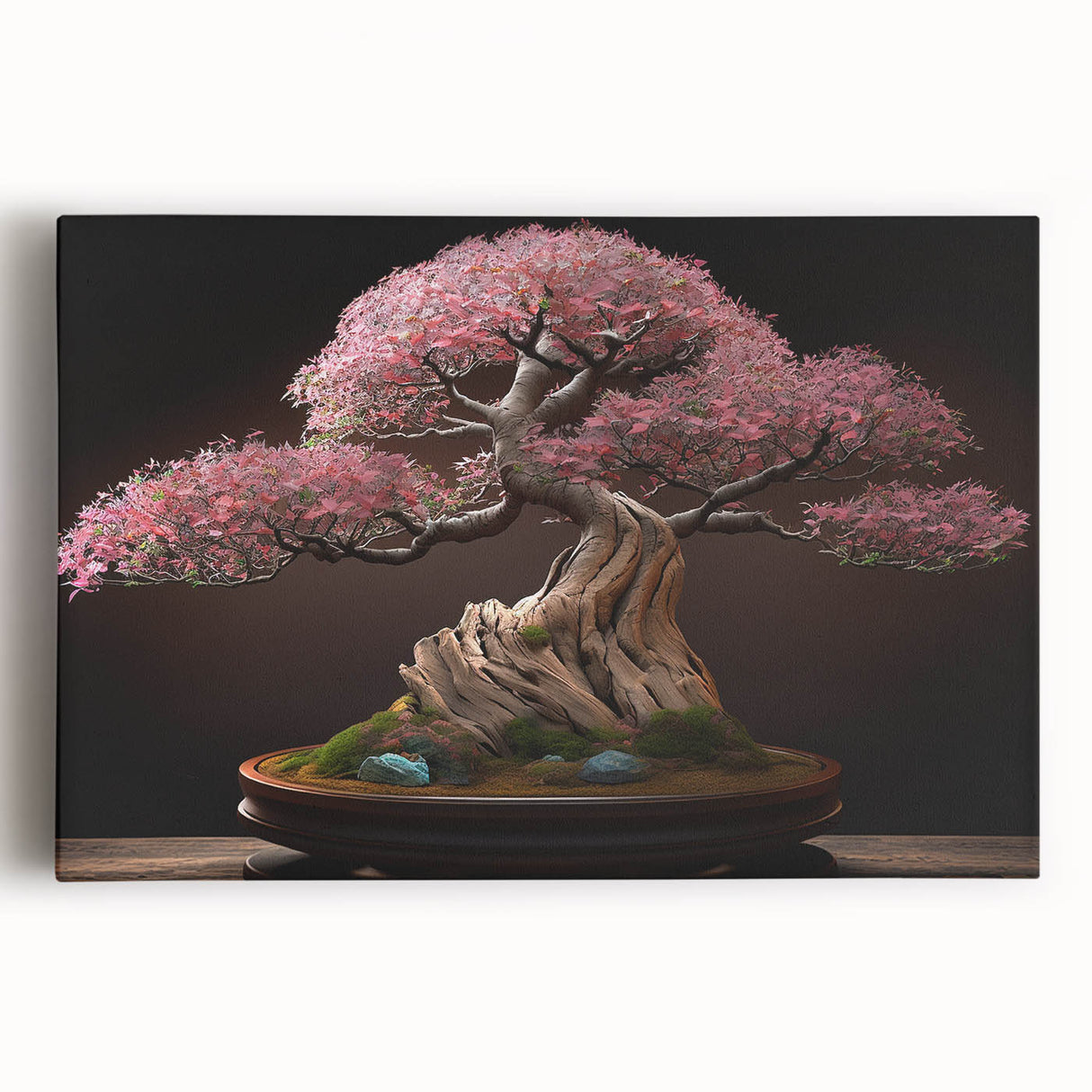 Botanical bonsai tree wall art on stretched canvas, showcasing intricate floral designs and vibrant colors, perfect for home decor and nature enthusiasts.