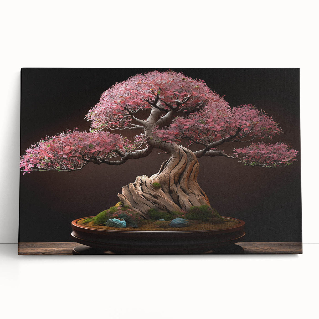 Botanical bonsai tree wall art collection featuring vibrant green leaves and intricate details, stretched on canvas and elegantly leaning against a neutral background. Ideal for nature-themed decor.