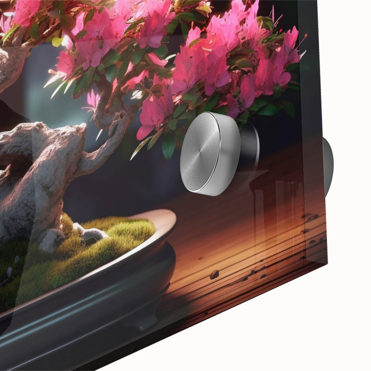 Close-up of a vibrant botanical bonsai tree wall art design, showcasing intricate floral details and rich colors on acrylic glass, perfect for modern decor.