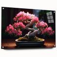 Acrylic glass wall art featuring a botanical bonsai tree design, showcasing intricate floral details and vibrant colors, elegantly displayed with pins for mounting.