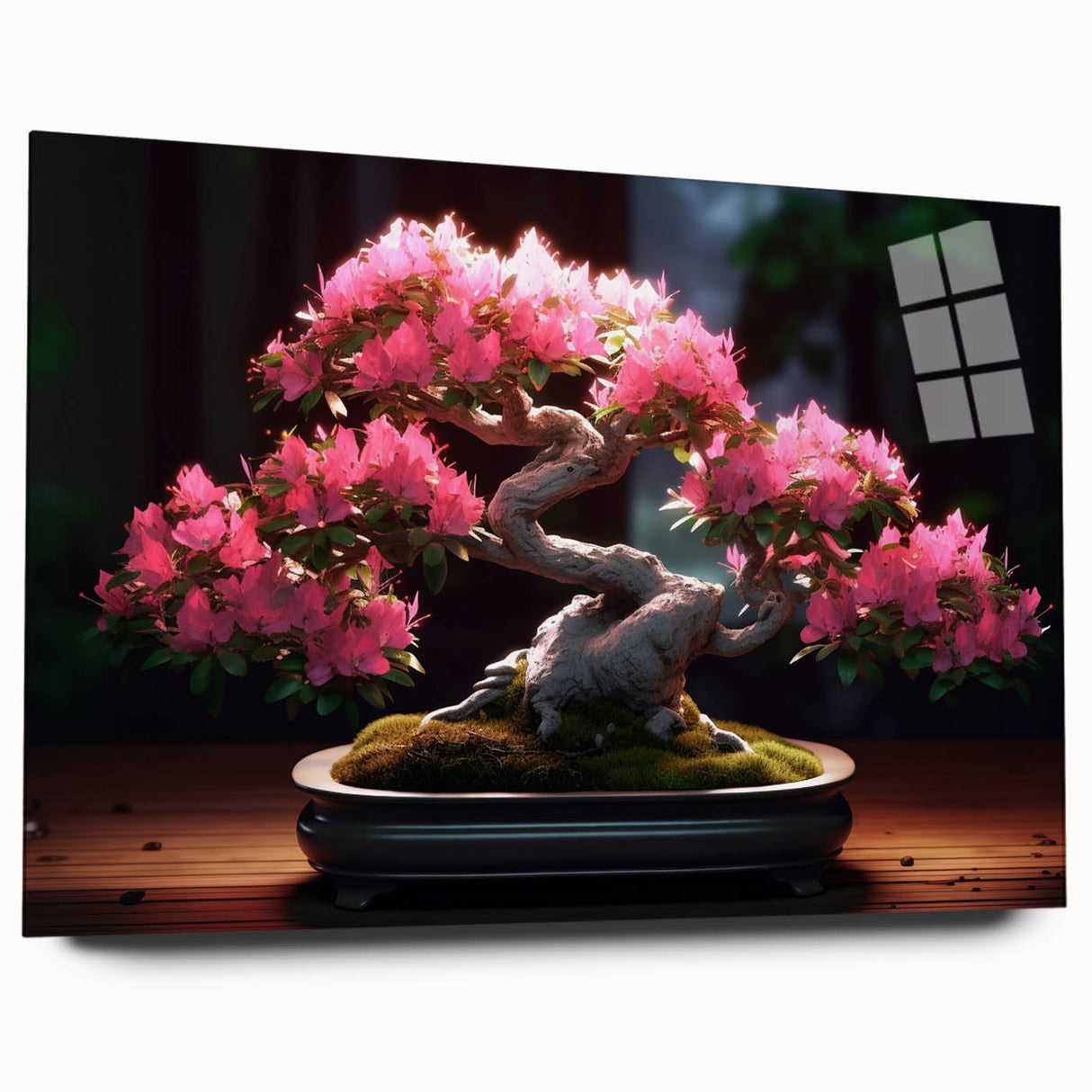 Side view of a botanical bonsai tree wall art piece, designed with vibrant colors on acrylic glass, showcasing intricate details and a modern aesthetic. This art collection adds a serene touch to any decor.