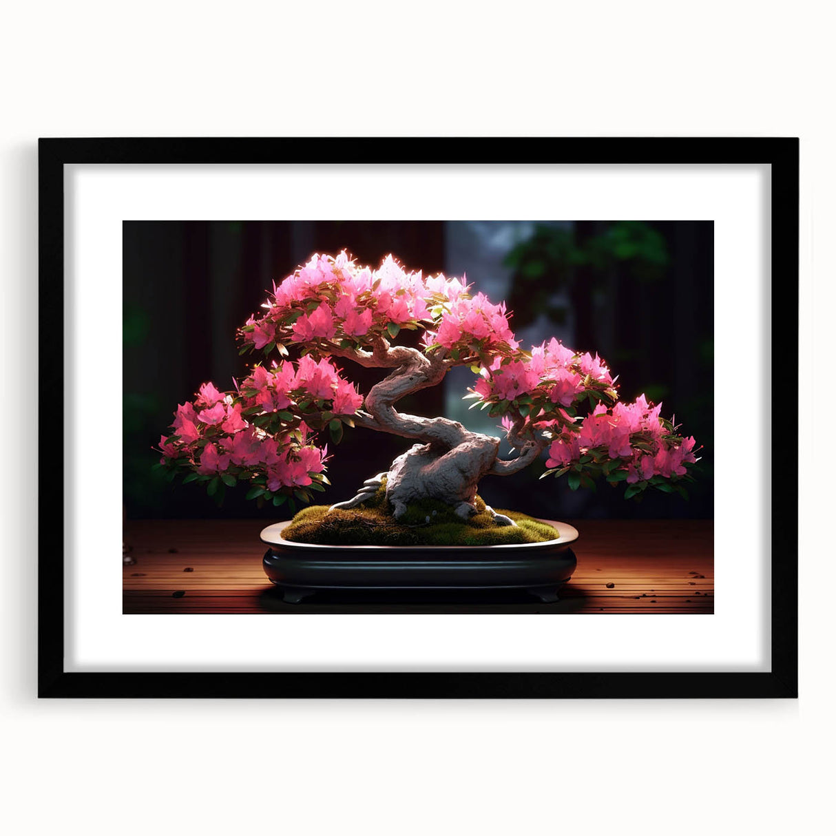 Bonsai tree wall art featuring vibrant floral designs in a black frame with a white mat, perfect for enhancing home decor with a touch of nature.