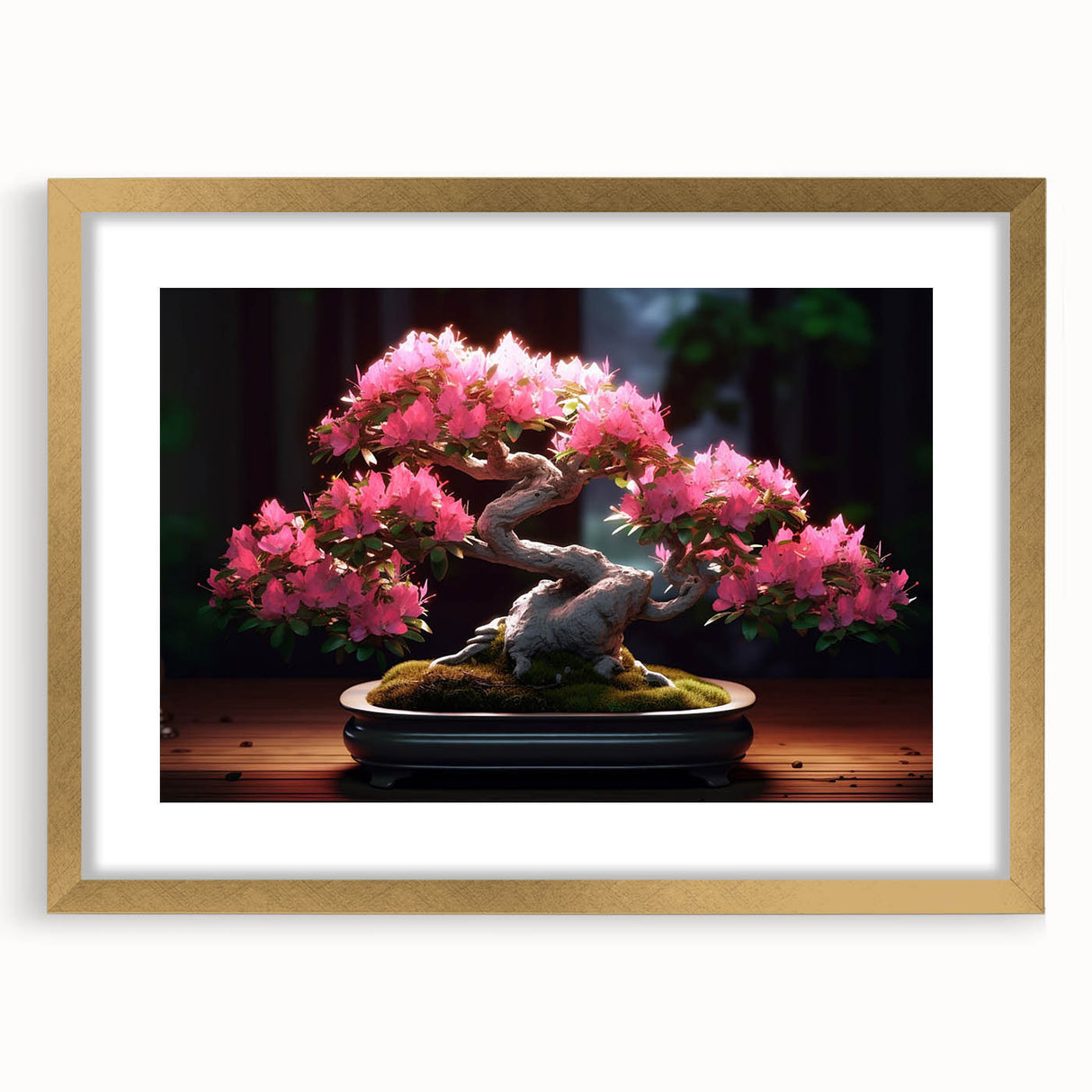 Botanical bonsai tree wall art collection featuring vibrant flowers in a gold frame with a mat, perfect for enhancing home decor with nature-inspired elegance.