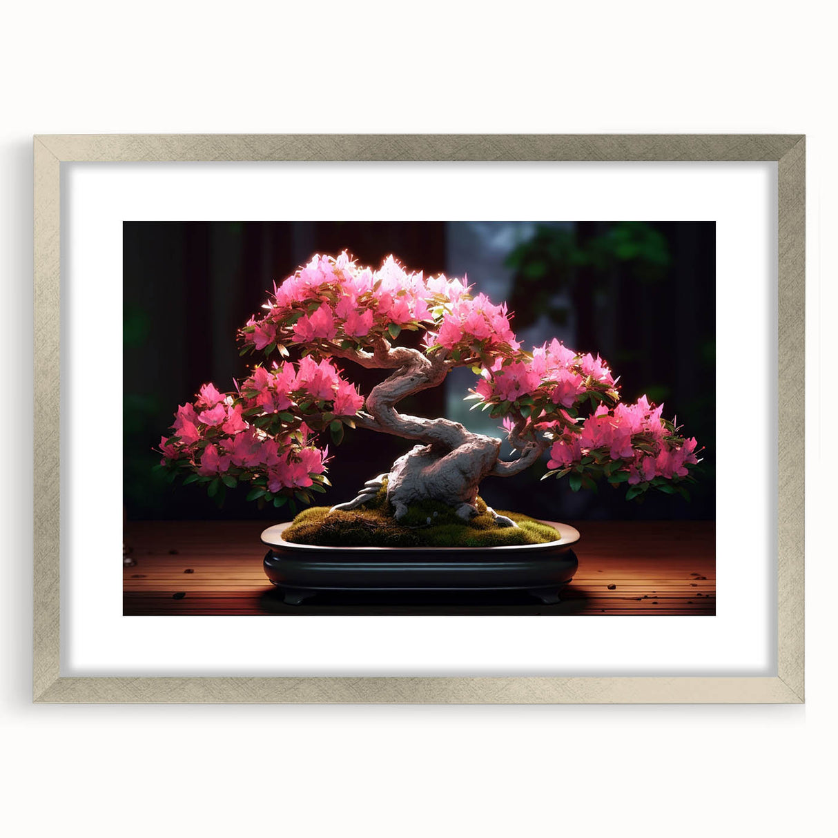Botanical bonsai tree wall art design in a silver frame with matting, showcasing vibrant floral elements and intricate details, perfect for modern home decor.