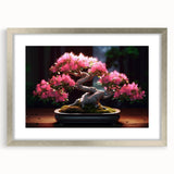 Botanical bonsai tree wall art design in a silver frame with matting, showcasing vibrant floral elements and intricate details, perfect for modern home decor.
