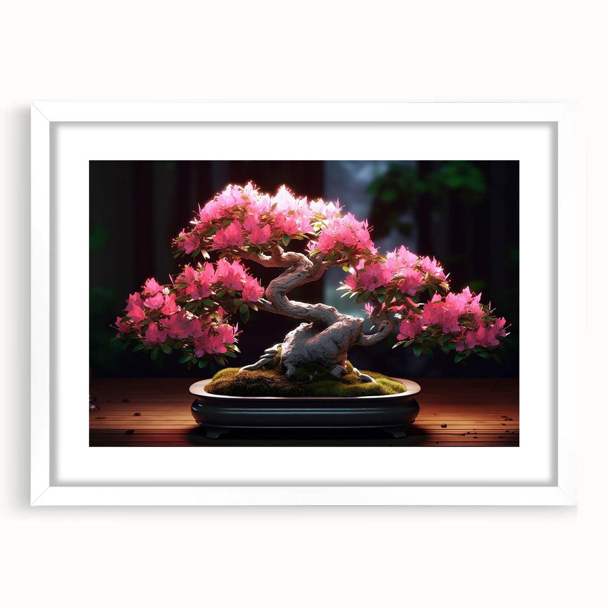 Botanical bonsai tree wall art framed in white mat, showcasing intricate floral details and vibrant colors, perfect for home decor or nature lovers.