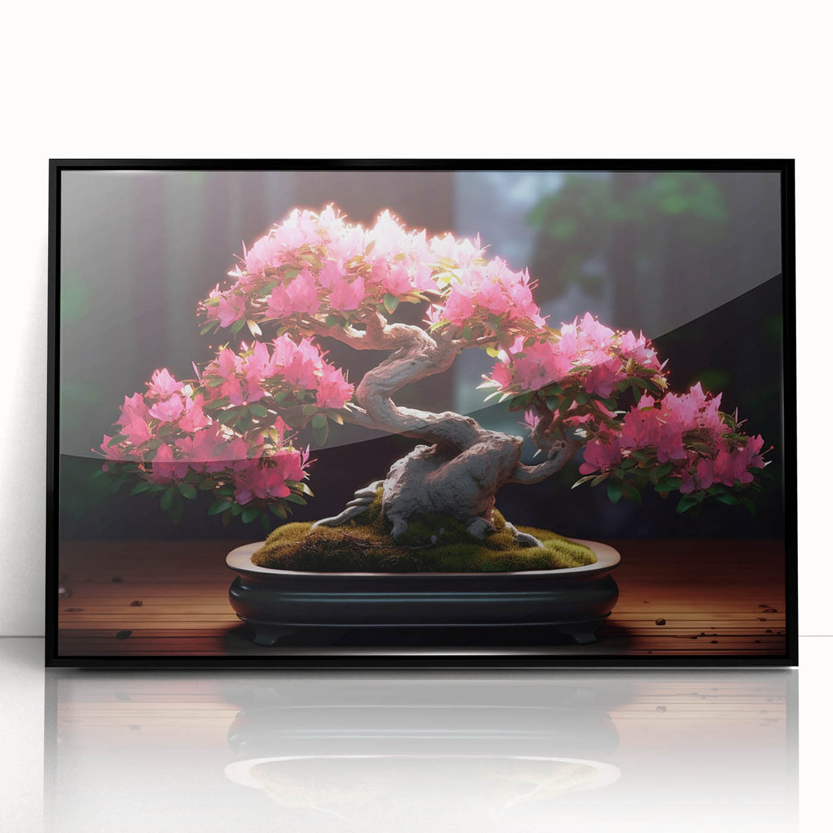 Framed wall art featuring a botanical bonsai tree design in vibrant colors, set against a sleek black background, perfect for modern home decor.
