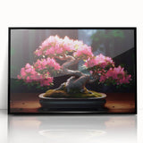 Framed wall art featuring a botanical bonsai tree design in vibrant colors, set against a sleek black background, perfect for modern home decor.
