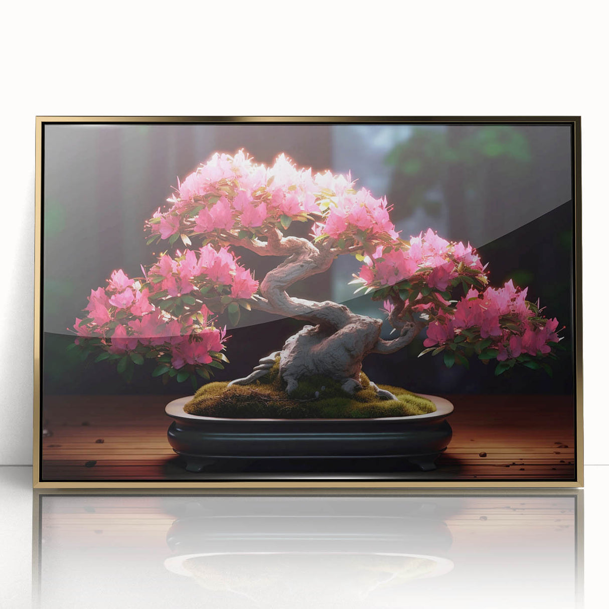 Framed botanical bonsai tree wall art with intricate floral designs, featuring gold accents and an elegant acrylic front, perfect for modern decor.