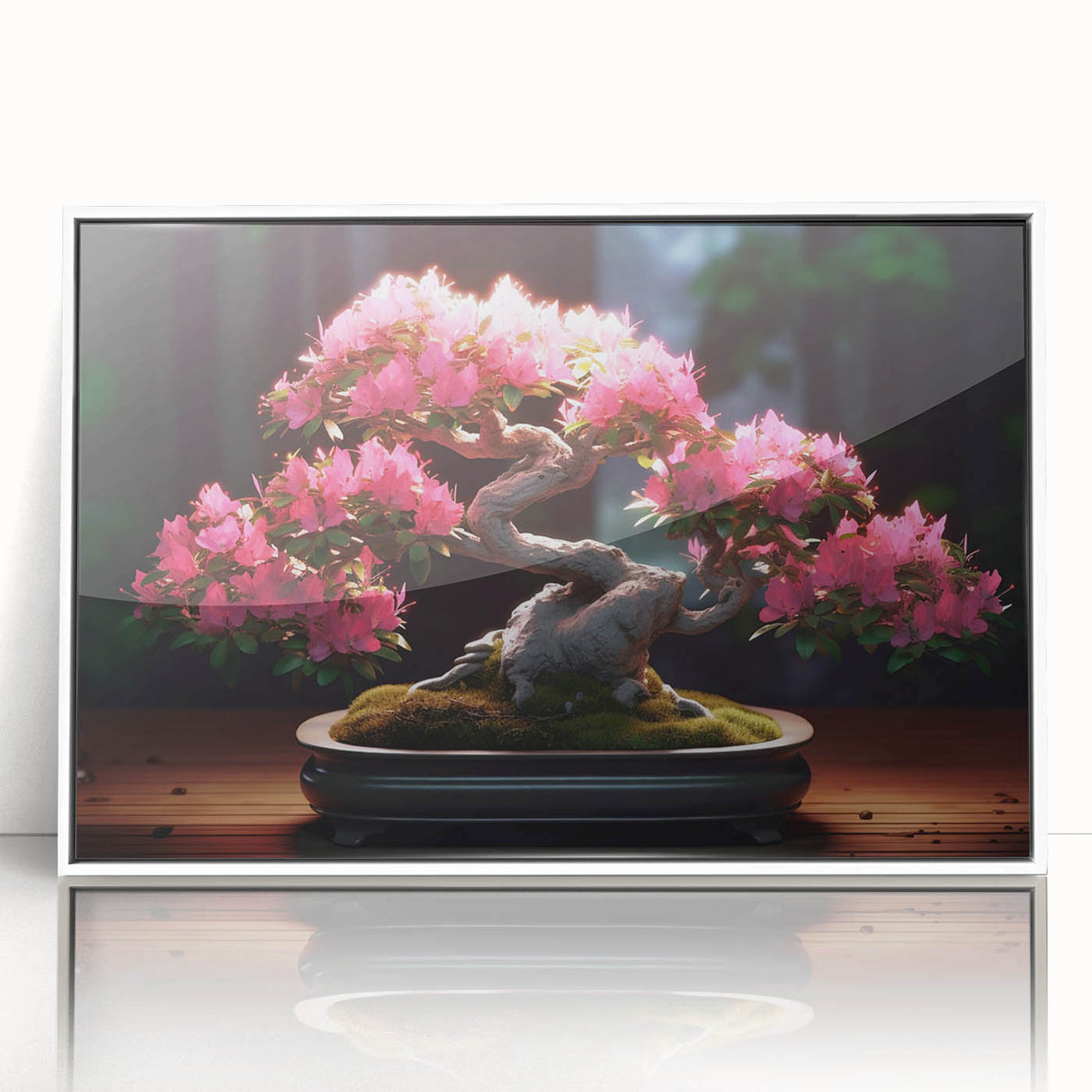 Framed wall art showcasing a botanical bonsai tree design on acrylic, featuring vibrant flowers and a white frame, ideal for home decor enhancement.