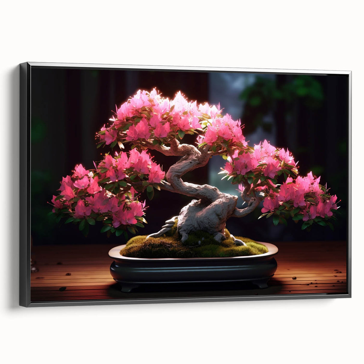 Framed botanical bonsai tree wall art in vibrant colors, showcasing intricate details and a black frame, ideal for home decor and nature lovers.