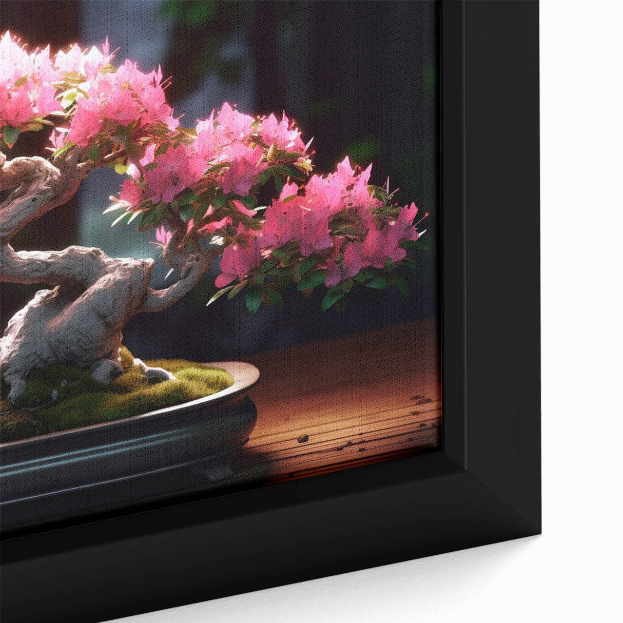 Close-up view of a framed botanical bonsai tree wall art piece, showcasing intricate flower details and vibrant colors, perfect for home decor enthusiasts.