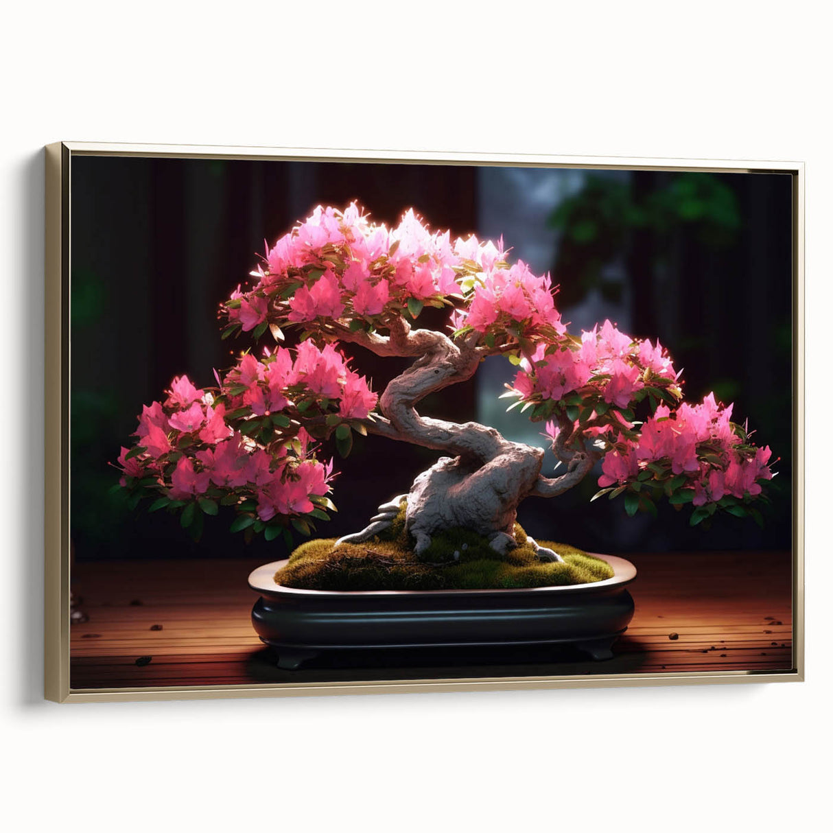 Framed canvas wall art featuring a botanical bonsai tree design, highlighted with gold accents, showcasing intricate details and vibrant colors in a contemporary setting.