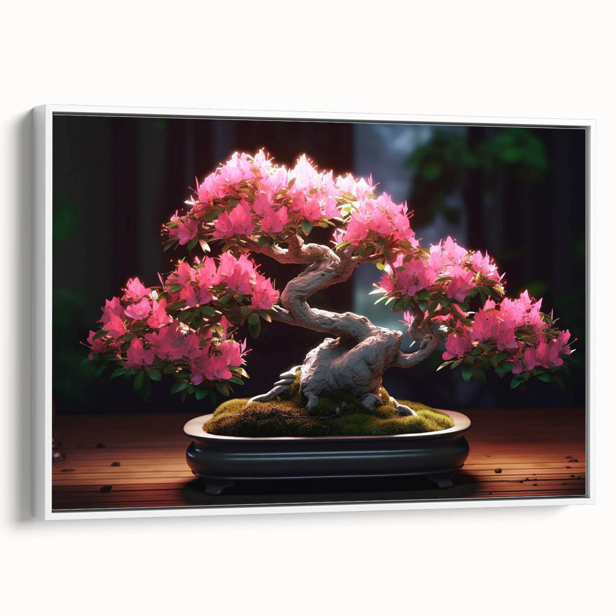 Framed wall art featuring a botanical bonsai tree design on a white background, showcasing intricate details and vibrant colors, perfect for home décor.